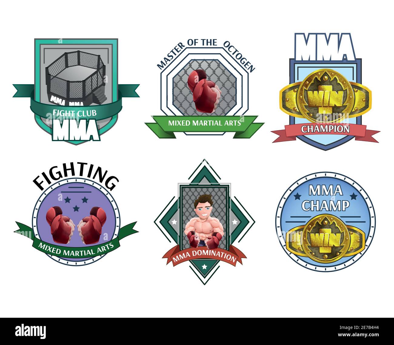 L'art de combat martial mma champions League clubs emblèmes étiquettes icônes illustration vectorielle isolée abstraite de collection Illustration de Vecteur
