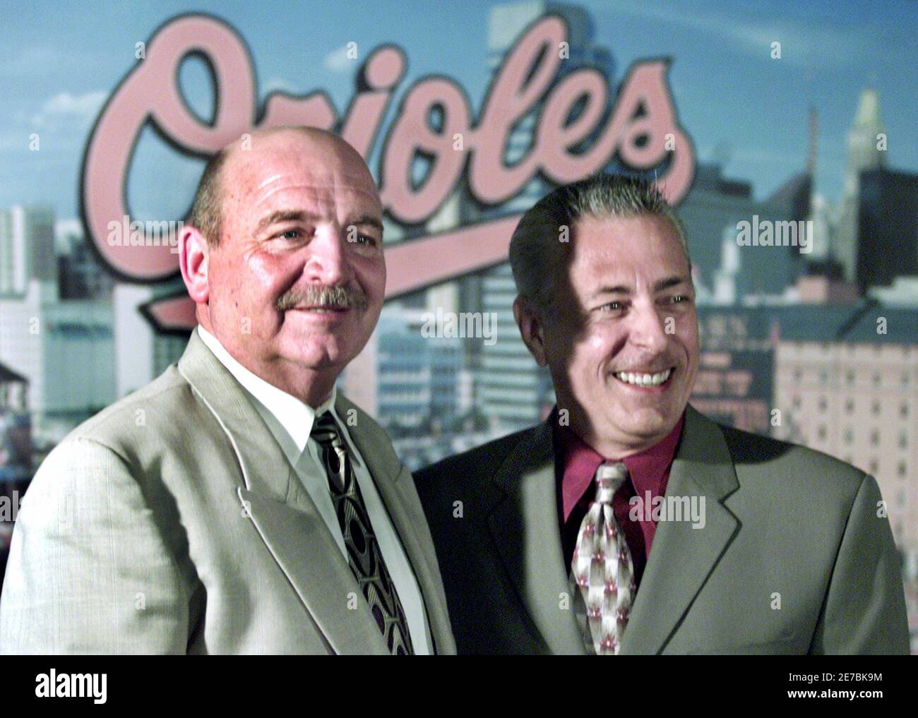 New Baltimore Orioles pitching coach Leo Mazzone (L) attends a news  conference at Camden Yards in Baltimore, Maryland October 25, 2005, along  side Orioles manager, and childhood friend, Sam Perlozzo. Mazzone, who