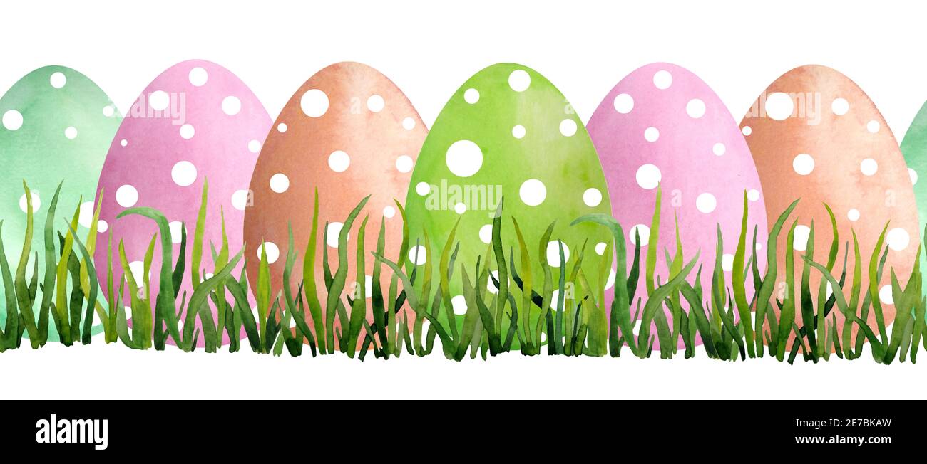Sans couture horizontale main dessinés aquarelle avec herbe Pâques orange vert menthe et rose pois oeufs. ECO Illustration écologique biologique naturelle pour la célébration. Lames vives de plantes de prairie. Banque D'Images