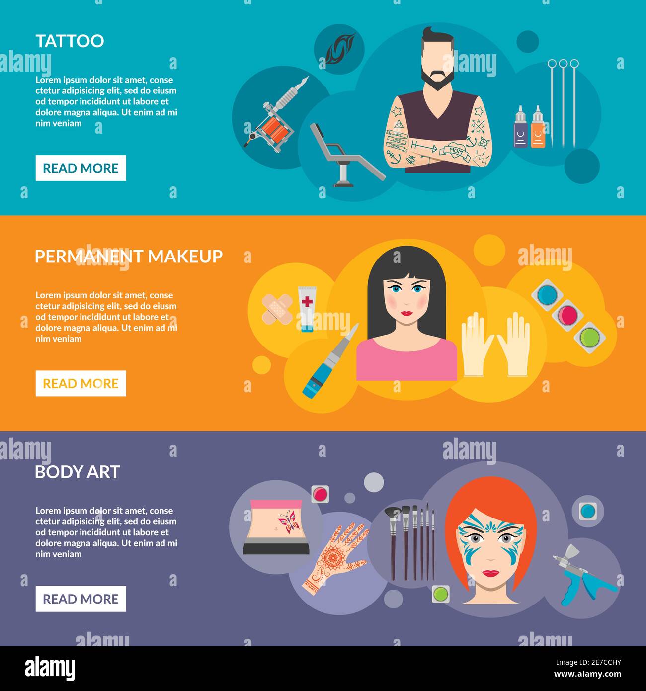 Ensemble de maquillage art du corps tatouage avec description pour l'homme et illustration vectorielle femme Illustration de Vecteur