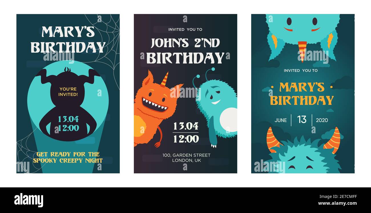 Motifs Creatifs D Invitation D Anniversaire Avec De Jolis Monstres Invitations De Fete Mascarade Tendance Avec Texte Concept De Fete Et De Vacances Modele Pour Image Vectorielle Stock Alamy