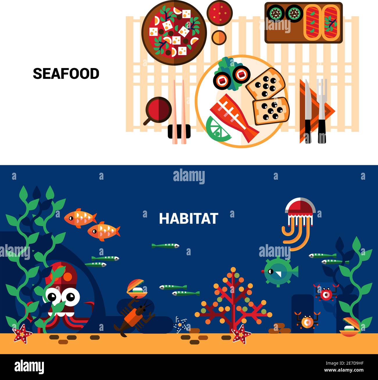 Ensemble de bannières horizontales de vie marine et table servi avec illustration vectorielle plate de fruits de mer Illustration de Vecteur