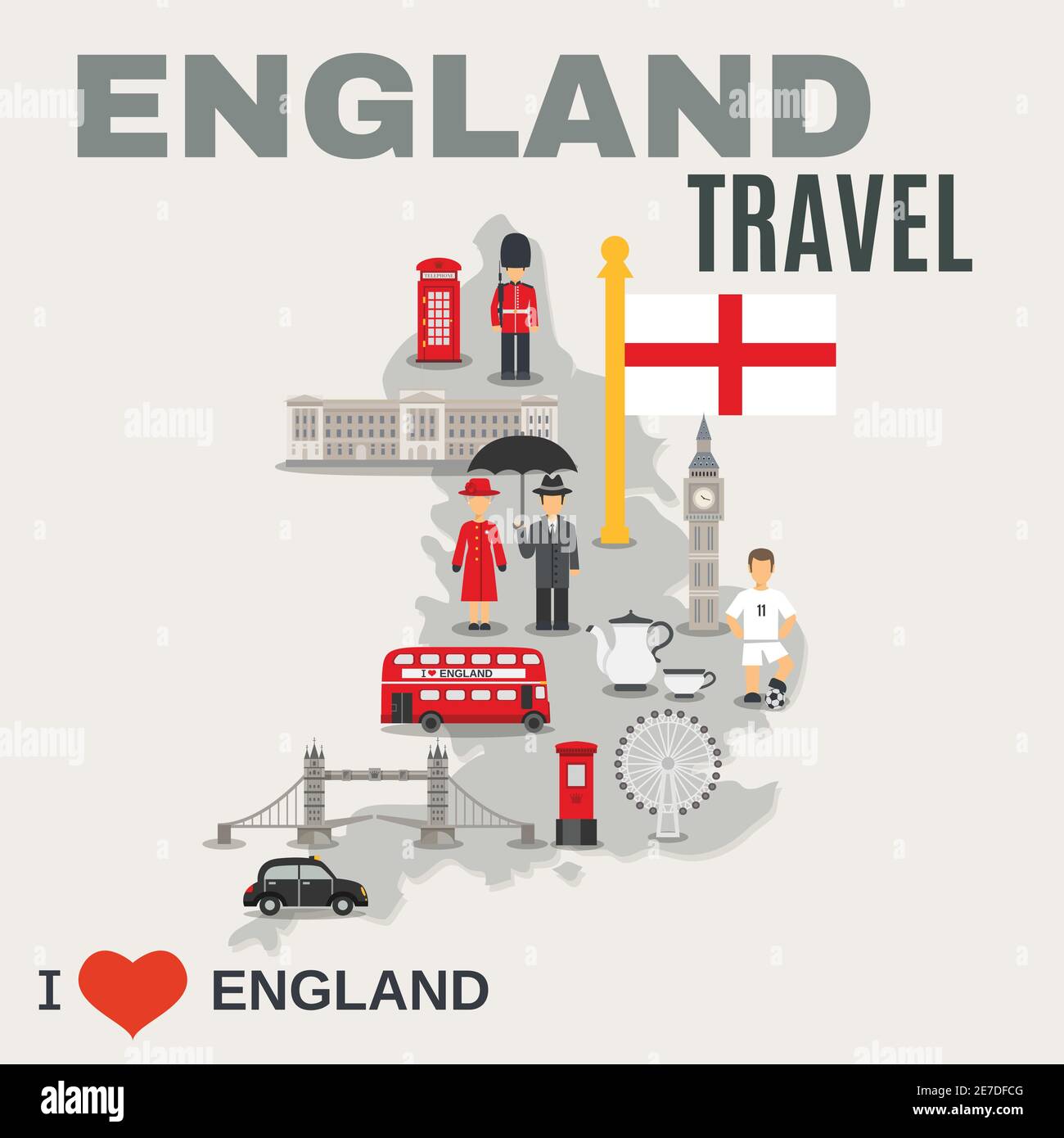 Albion Island Travel carte gris brume de l'angleterre poster avec lieux touristiques et symboles culturels illustration vectorielle Illustration de Vecteur