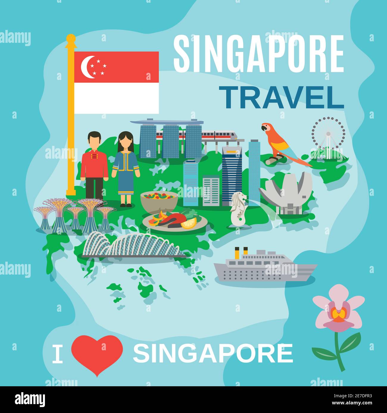 Affiche de voyage à Singapour avec des lieux d'intérêt et des symboles culturels sur l'illustration vectorielle abstraite plate de la carte Illustration de Vecteur