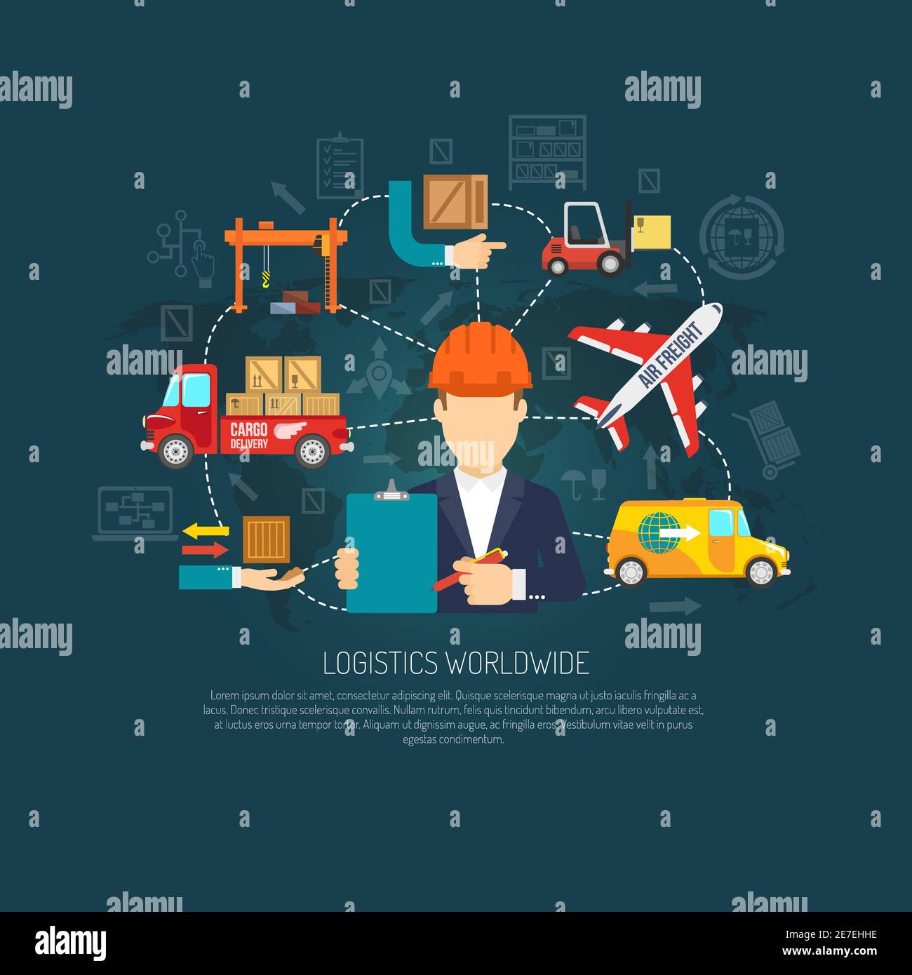 Opérateur de services de la société de logistique mondiale coordonnant le transport international de fret et vecteur abstrait de l'affiche d'arrière-plan de l'organigramme de livraison Illustration de Vecteur