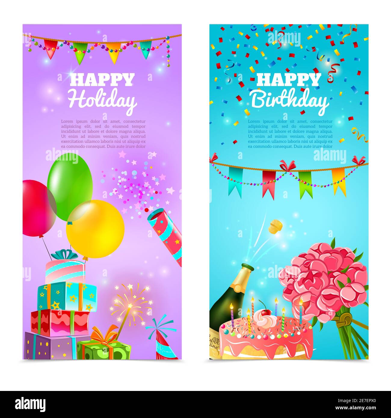 Joyeux anniversaire fête fête fête fête fête fête 2 bannières verticales fête ensemble illustration vectorielle abstraite avec gâteau et champagne Illustration de Vecteur
