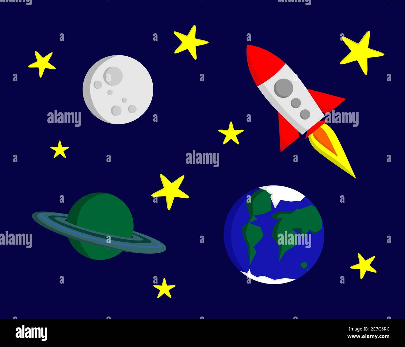 Fusée dans l'espace, la lune, saturne et la planète terre avec des étoiles, dessin animé pas de contour Illustration de Vecteur