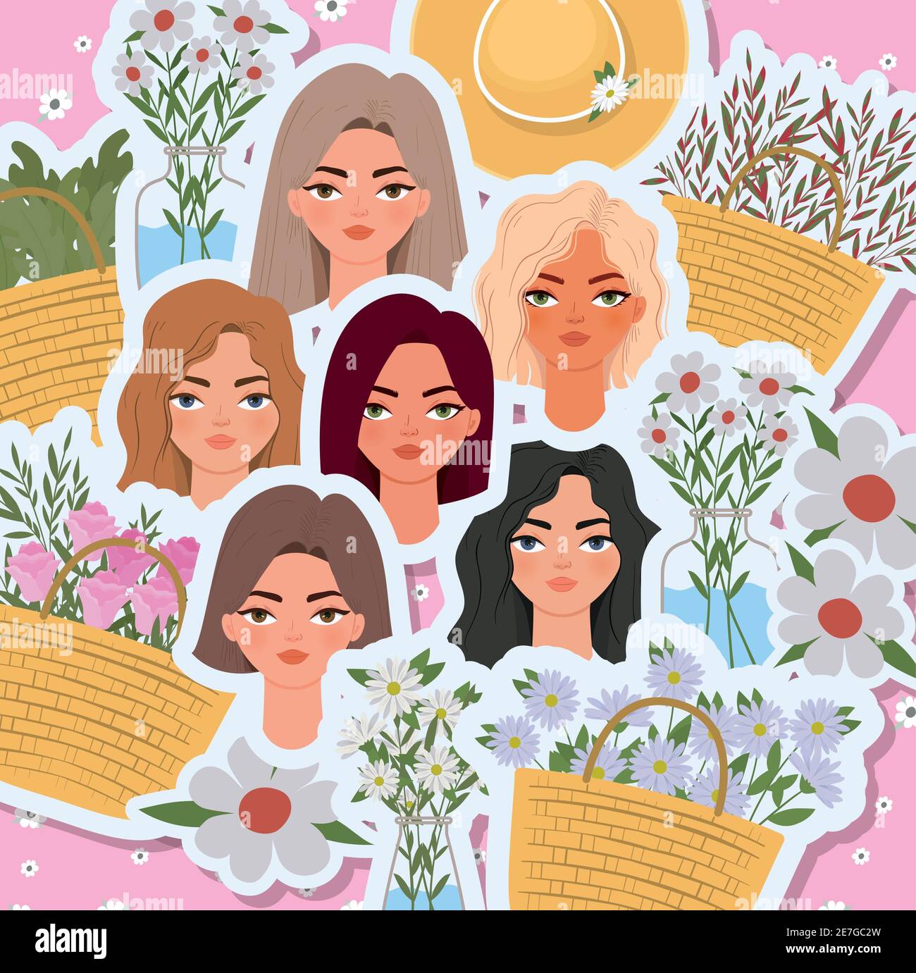 ensemble de 8 mars pour femmes avec des têtes mignons pour femmes et panier rempli de roses Illustration de Vecteur