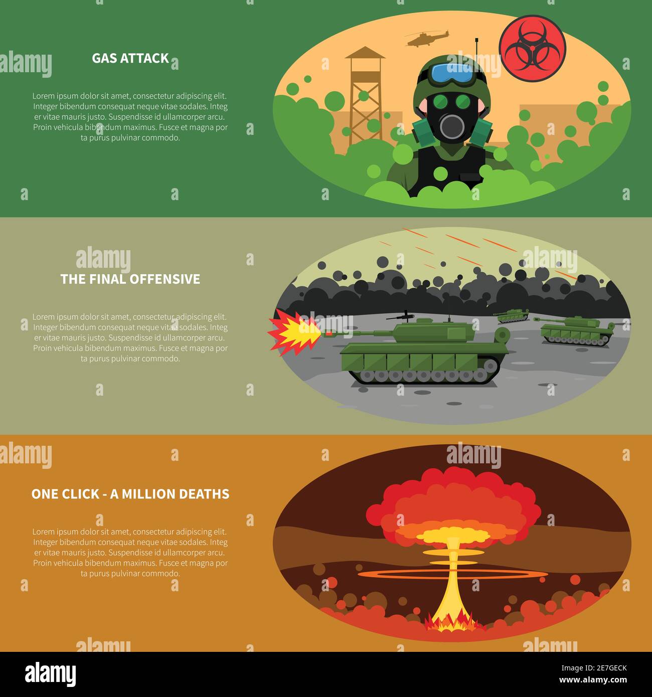 Banderoles horizontales de l'armée avec l'offensive finale d'attaque de gaz et symboles de bombardement illustration vectorielle isolée plate Illustration de Vecteur