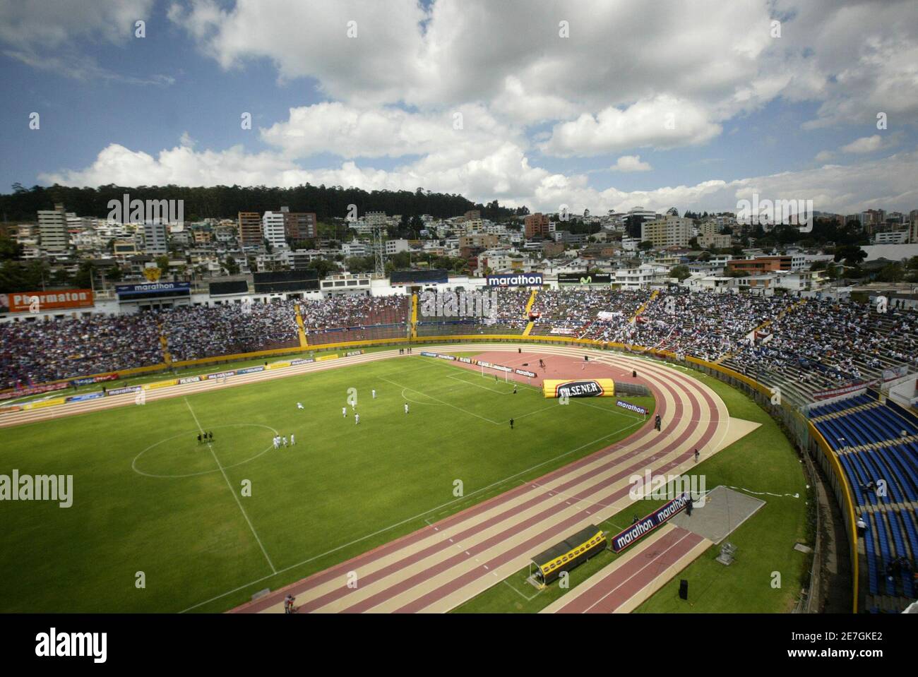 An overview of Atahualpa Stadium in Quito where Ecuador traditionally plays  its World Cup qualifying matches, at slightly over 2,800 meters (9,186 feet)  above sea level, May 28, 2007. No international soccer