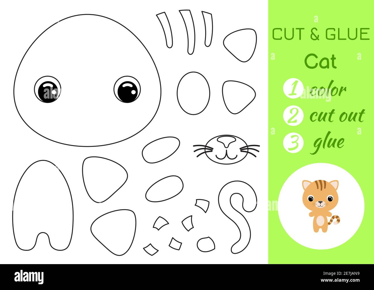 Livre de coloriage coupé et colle pour bébé chat. Jeu de papier éducatif pour les enfants d'âge préscolaire. Feuille de travail Couper et Coller. Couleur, pièces coupées et colle sur le papier. Illustration de Vecteur