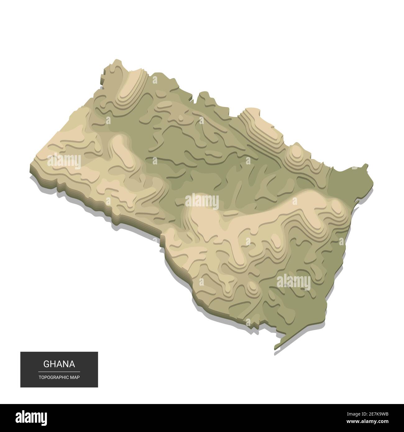 Carte du Ghana - carte topographique numérique haute altitude en 3D. Illustration vectorielle 3D. Relief coloré, terrain accidenté. Cartographie et topologie. Illustration de Vecteur