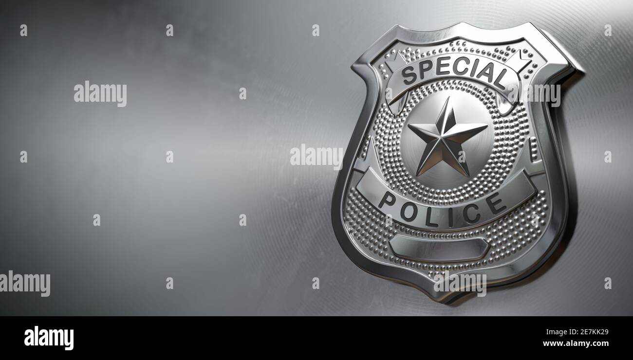 Badge de police en métal sur fond métallique. Signe et symbole de la police. illustration 3d Banque D'Images