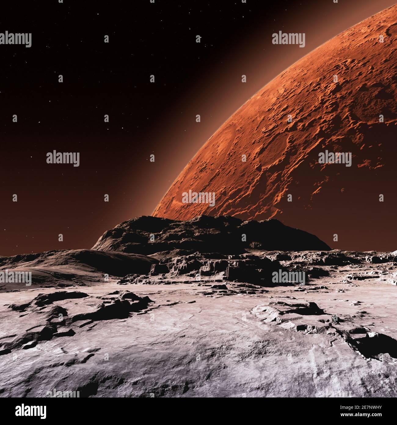 Vue Mars de la surface de lune de Phobos, illustration 3D Banque D'Images