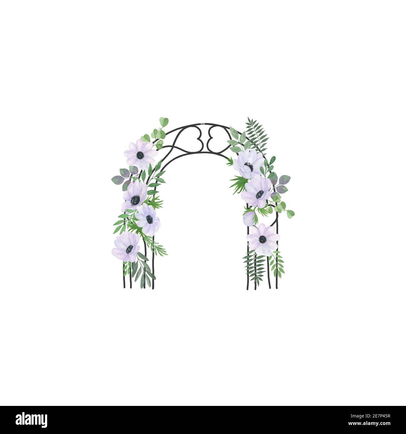 Arc de mariage décoré de fleurs délicates, anémones et verdure ondulés ...