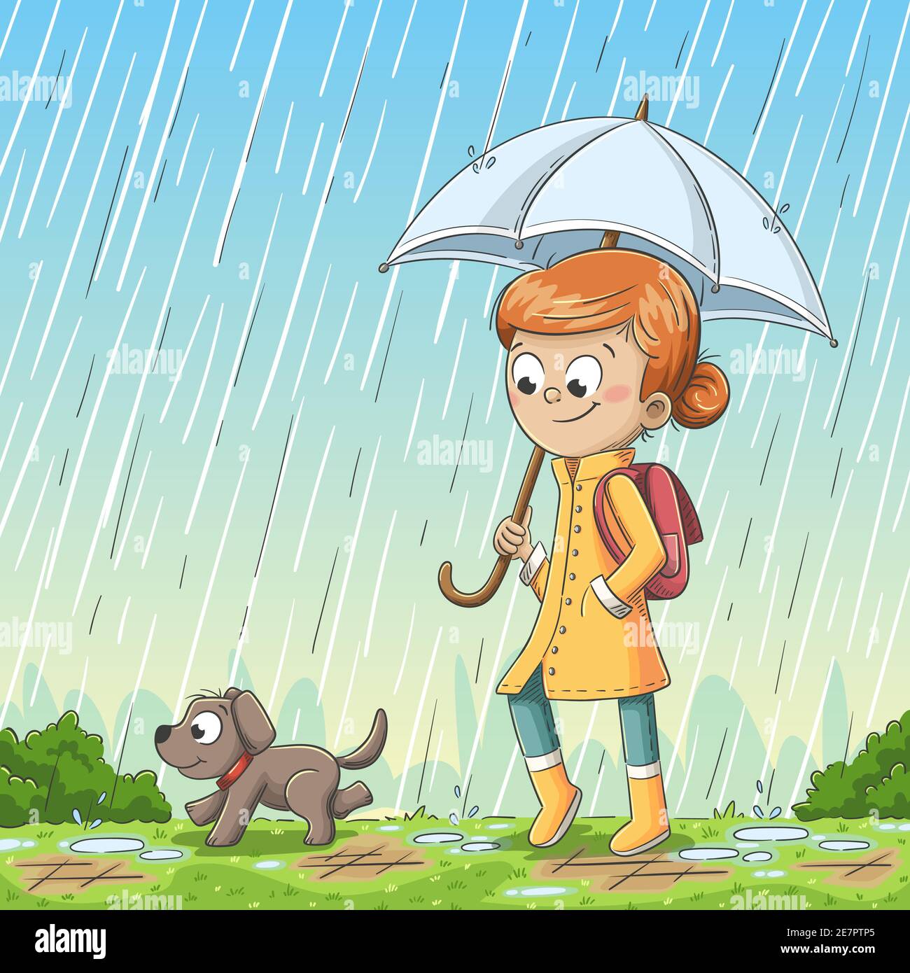 Fille et chien marchant sous la pluie. Illustration vectorielle dessinée à la main avec des calques séparés. Illustration de Vecteur
