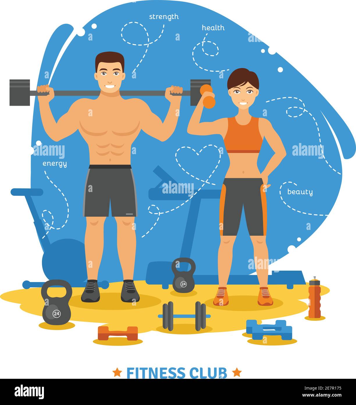 Concept de couple de fitness et de club de fitness avec la santé de force et illustration vectorielle plate des symboles de beauté Illustration de Vecteur
