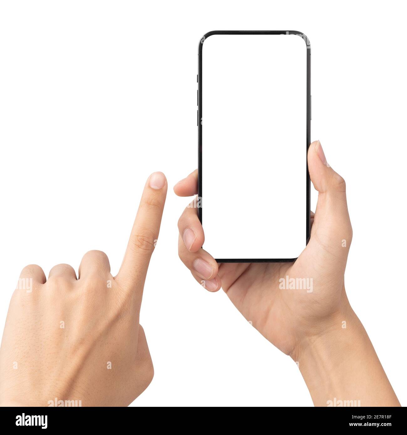 Main masculine tenant le smartphone noir et touchant sur un écran vide isolé sur fond blanc avec chemin de découpe. Banque D'Images Main masculine tenant le smartphone noir et touchant sur un écran vide isolé sur fond blanc avec chemin de découpe. Banque D'Images