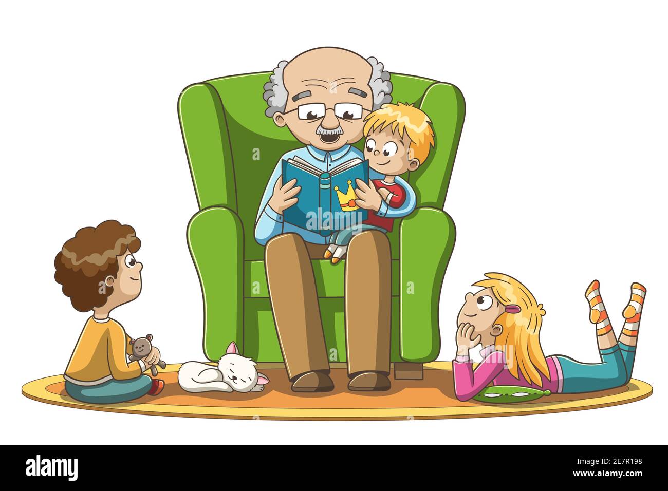 Un grand-père lit des contes de fées aux enfants. Illustration vectorielle dessinée à la main avec des calques séparés. Illustration de Vecteur