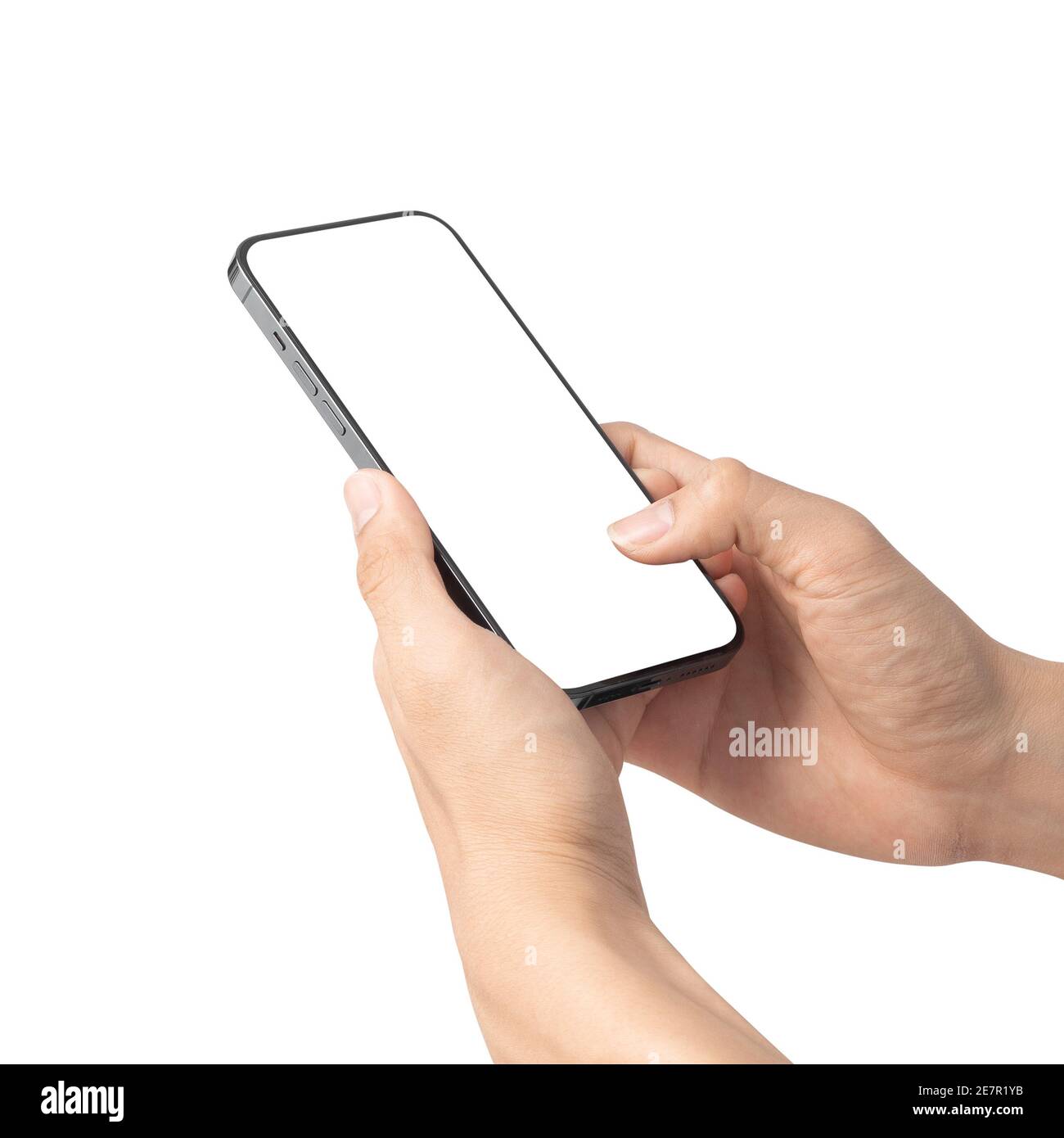 Main masculine tenant le smartphone noir et touchant sur un écran vide isolé sur fond blanc avec chemin de découpe. Banque D'Images Main masculine tenant le smartphone noir et touchant sur un écran vide isolé sur fond blanc avec chemin de découpe. Banque D'Images