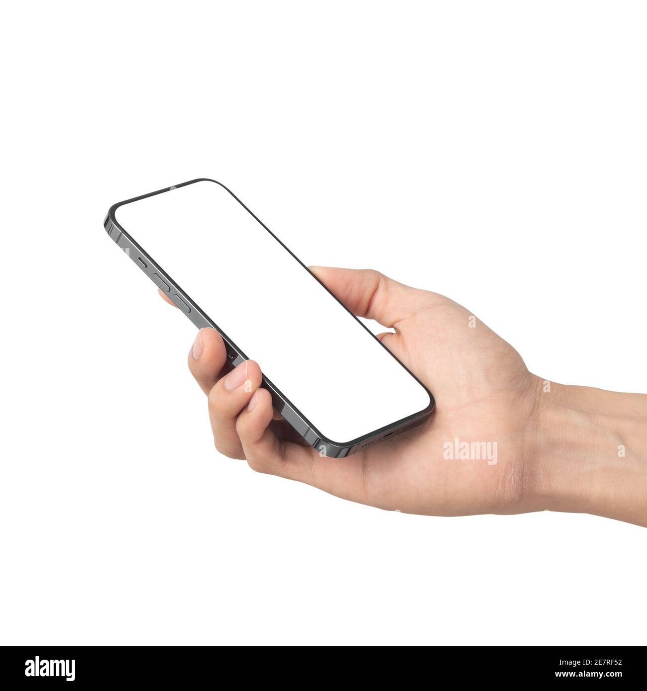 Homme main tenant le smartphone noir avec écran vierge isolé sur fond blanc avec masque, peut utiliser la maquette pour votre application ou websi Banque D'Images Homme main tenant le smartphone noir avec écran vierge isolé sur fond blanc avec masque, peut utiliser la maquette pour votre application ou websi Banque D'Images