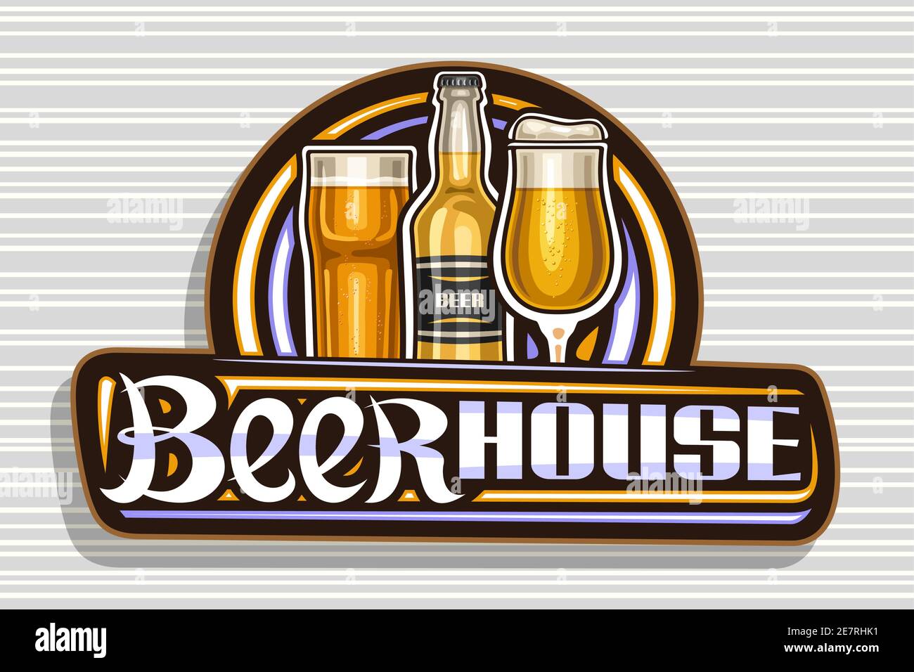 Logo Vector pour Beer House, panneau d'affichage décoratif sombre avec illustration d'un verre à bière plein avec mousse et boule de couleur dorée, inscription unique au pinceau pour Illustration de Vecteur