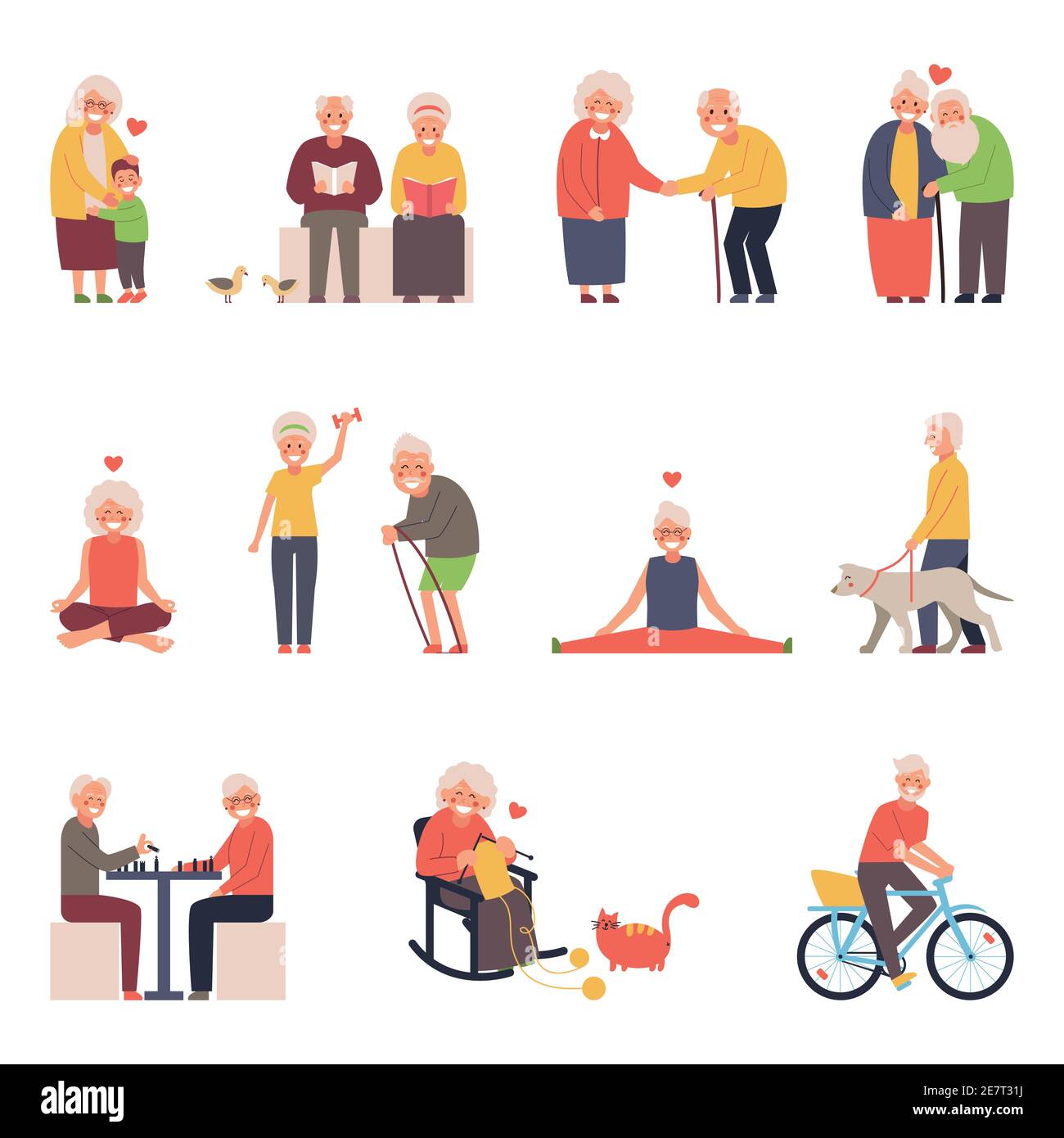 Ensemble d'illustrations vectorielles d'un groupe d'hommes et de femmes âgés dans différentes situations. Temps libre pour les personnes âgées tricoter, yoga, sports, socialiser. Illustration de Vecteur