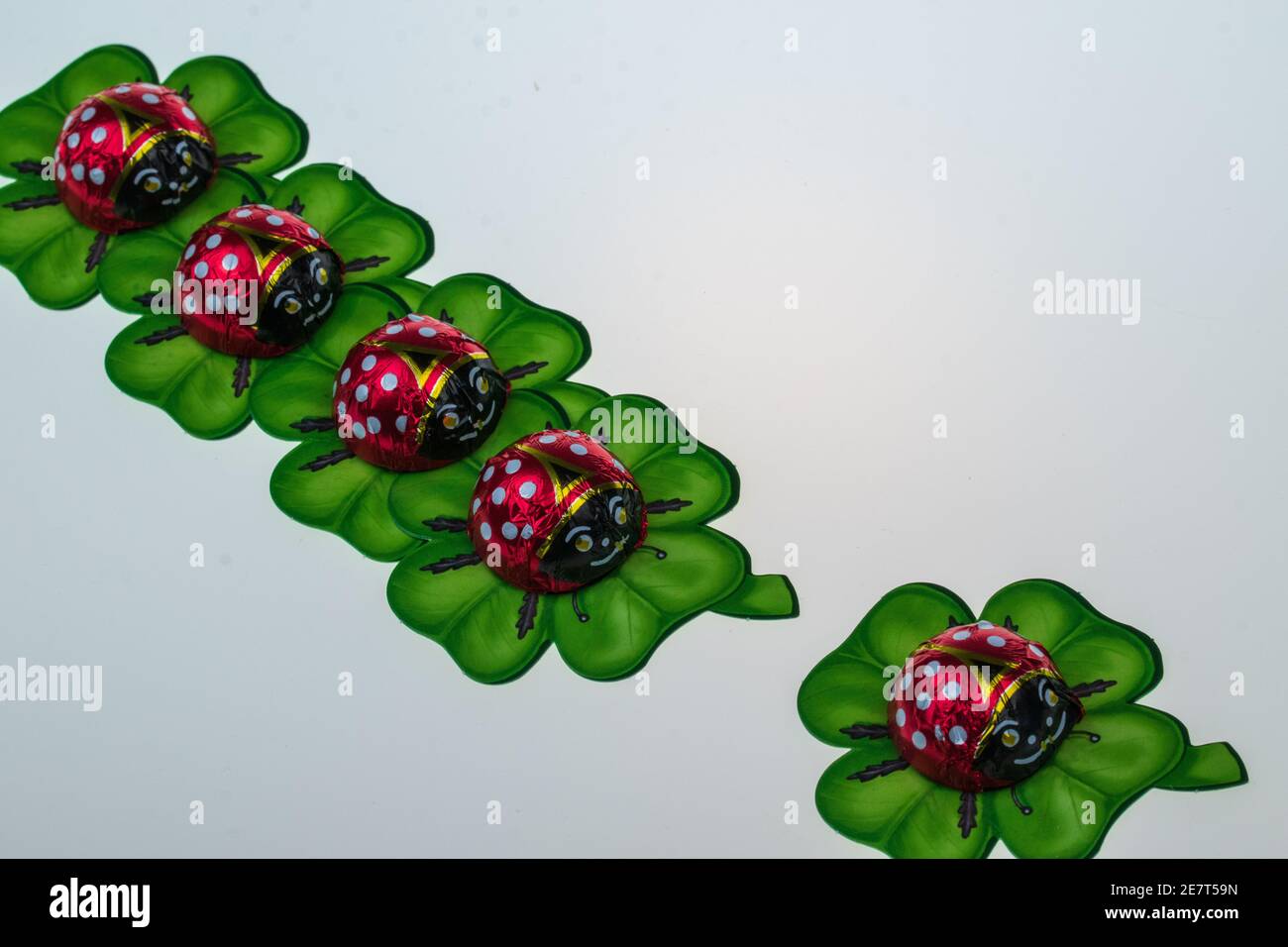 Le coccinelle et le trèfle à quatre feuilles symbolisent tous deux Bonne chance. Nous offrons ces charmes chanceux à la Saint-Sylvestre. Banque D'Images