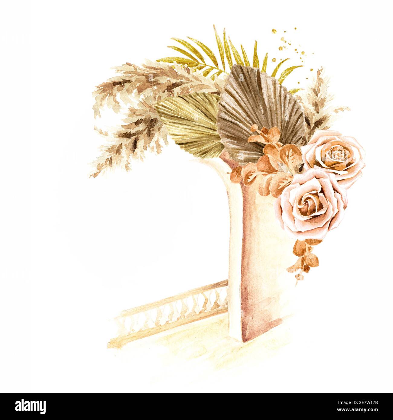 Bouquet de fleurs de boho et feuilles de palmier avec élément d'architecture méditerranéenne ou nord-africaine. Illustration aquarelle dessinée à la main isolée sur blanc Banque D'Images