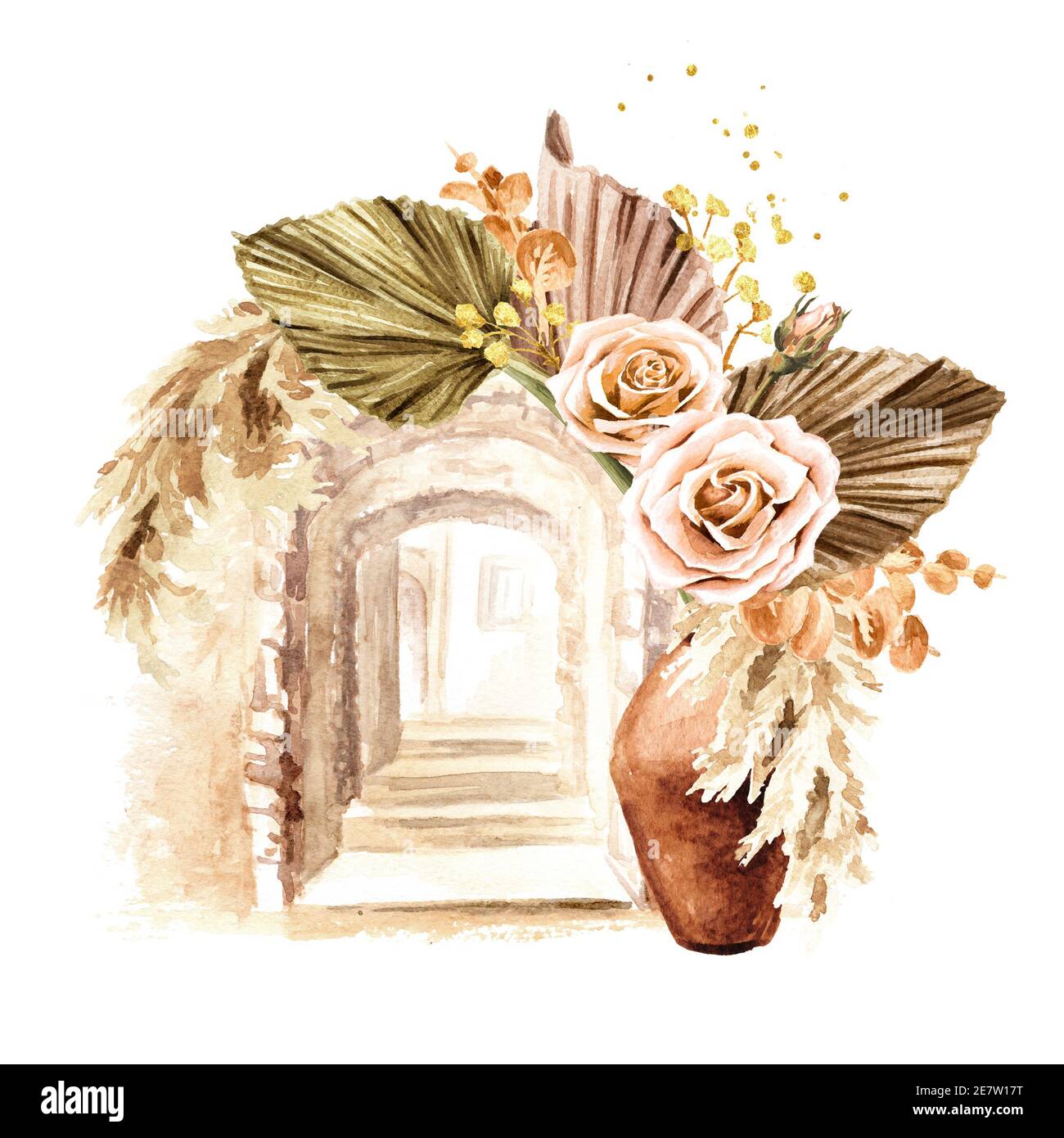 Bouquet de fleurs de rose séchées et feuilles de palmier avec élément  d'architecture méditerranéenne, nord-africaine ou marocaine. Illustrateur  aquarelle dessiné à la main Photo Stock - Alamy