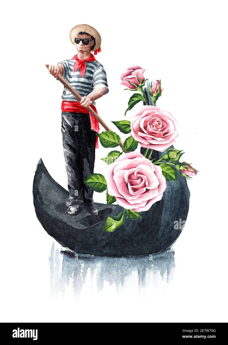 Gondolier vénitien en vêtements traditionnels, en gondole avec fleurs. Illustration aquarelle dessinée à la main isolée sur fond blanc Banque D'Images