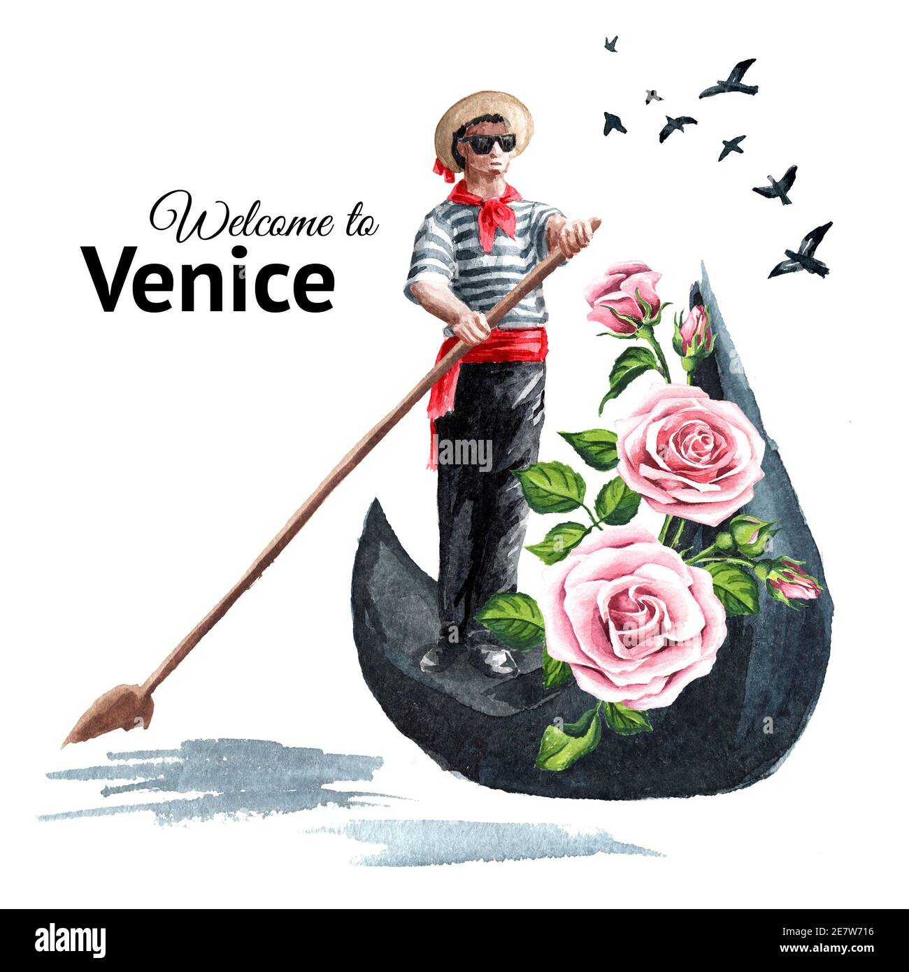 Carte de bienvenue à Venise. Gondolier vénitien en vêtements traditionnels, en gondole avec fleurs. Illustration aquarelle dessinée à la main isolée sur fond blanc Banque D'Images
