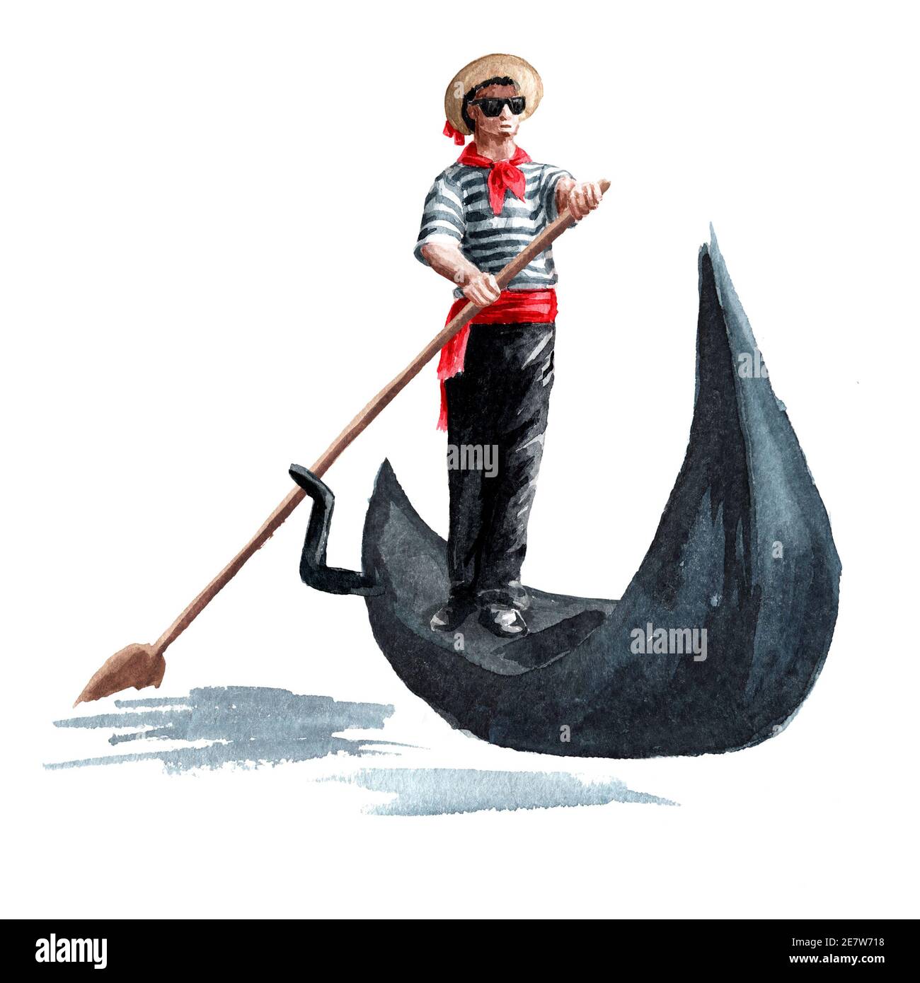 Gondolier vénitien en vêtements traditionnels, dans une gondole avec une paddle, Italie, Venise. Illustration aquarelle dessinée à la main isolée sur fond blanc Banque D'Images