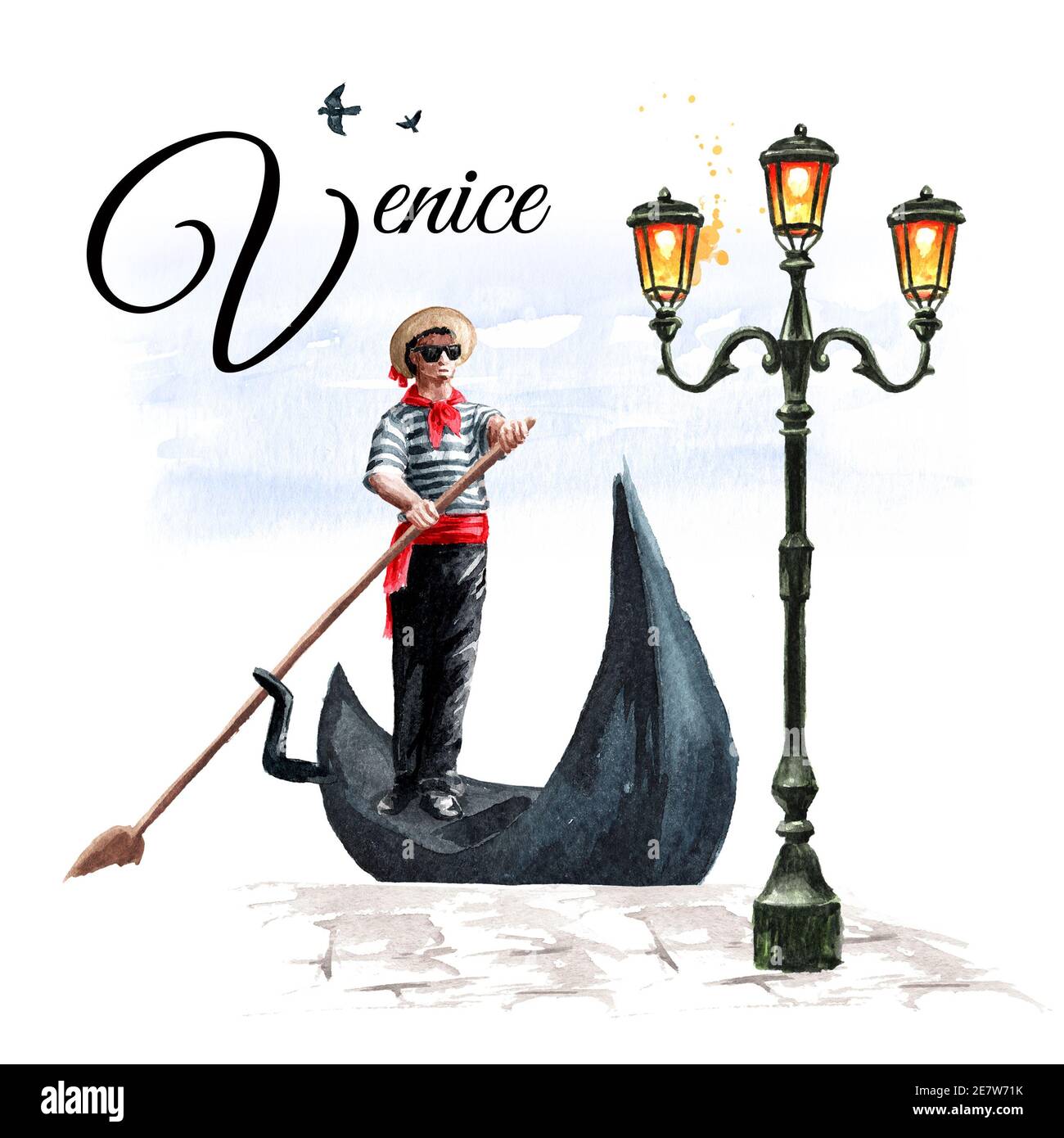 Gondolier vénitien en vêtements traditionnels, dans une gondole près de la jetée, et une vieille lampe de rue en fer forgé, Italie, Venise. aquarelle dessinée à la main illust Banque D'Images