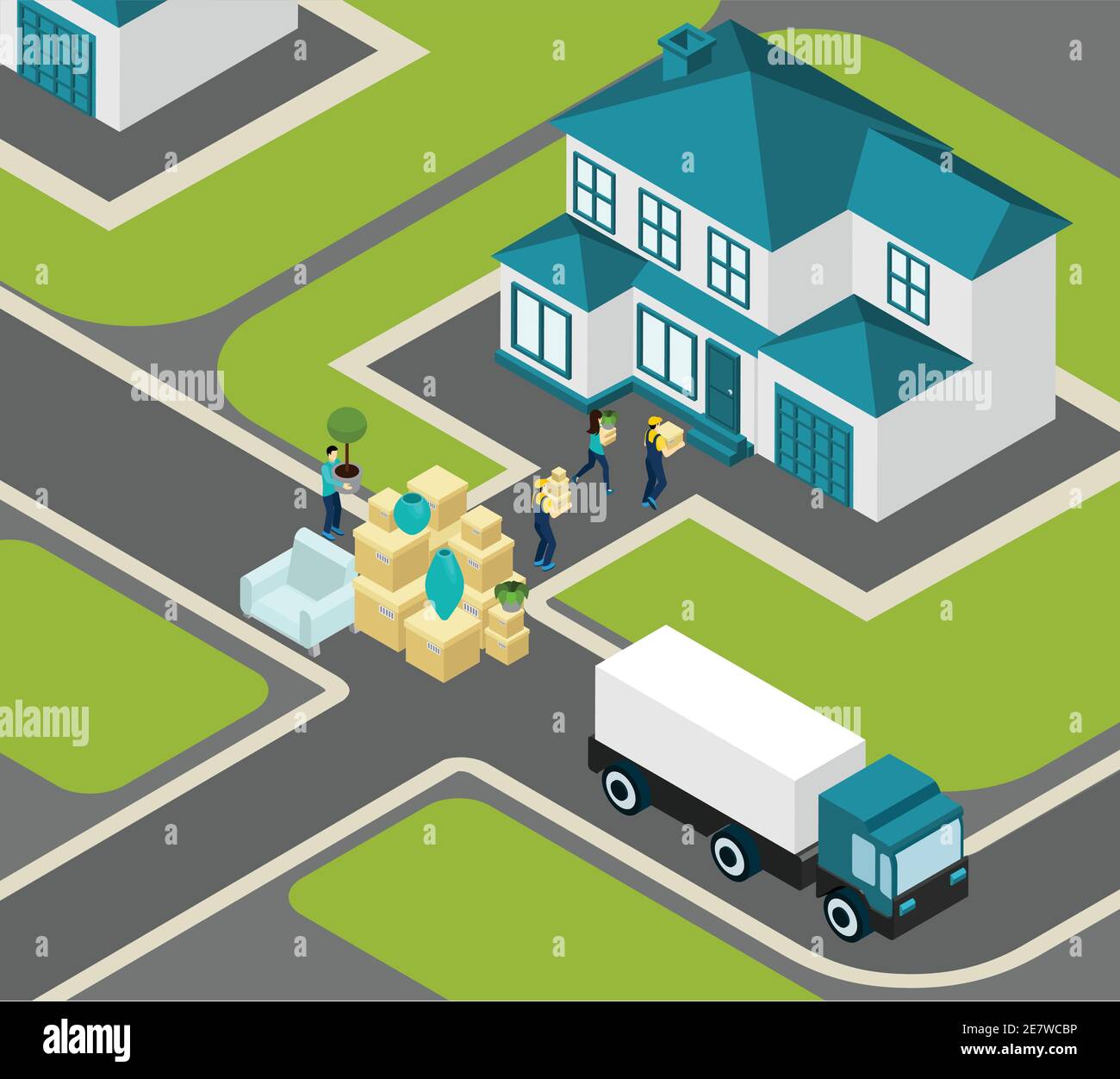 Personnes repositionnant le concept isométrique avec les travailleurs de livraison de camion et de maison illustration vectorielle Illustration de Vecteur