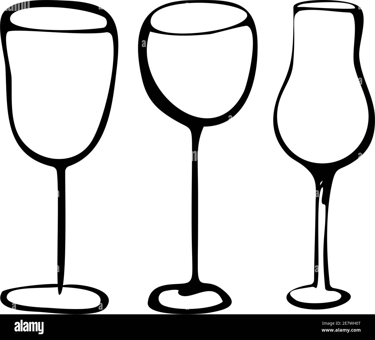 Ensemble de verres à vin Vector Doodle dessiné à la main illustration noire de verres à vin boissons sur fond blanc Illustration de Vecteur