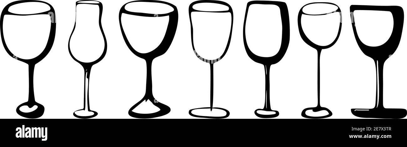 Ensemble de verres à vin Vector Doodle dessiné à la main illustration noire de verres à vin boissons sur fond blanc Illustration de Vecteur