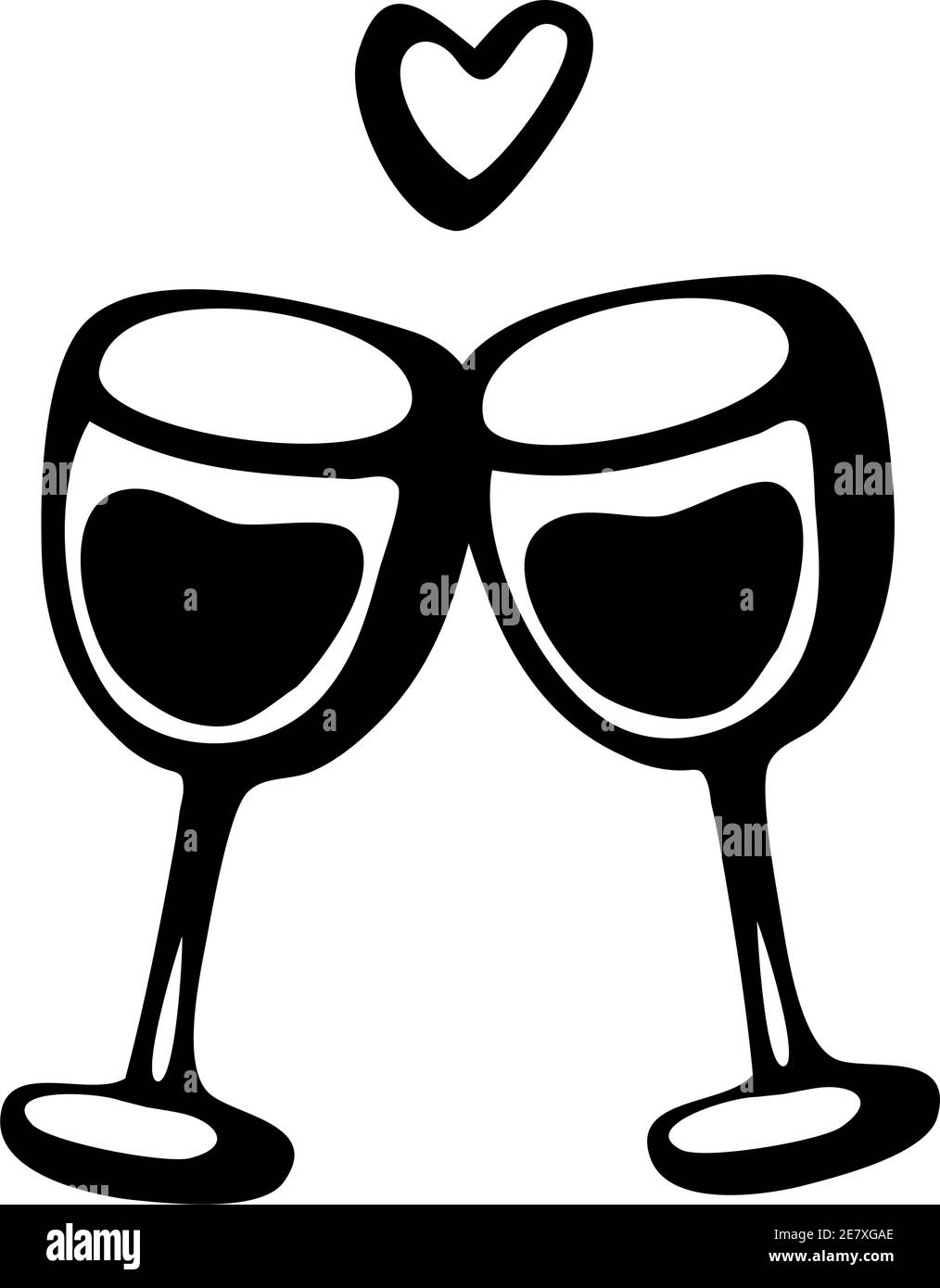 Dessin d'un Doodle vectoriel dessiné à la main, illustration noire de deux vins verres couple amour boisson sur fond blanc Illustration de Vecteur