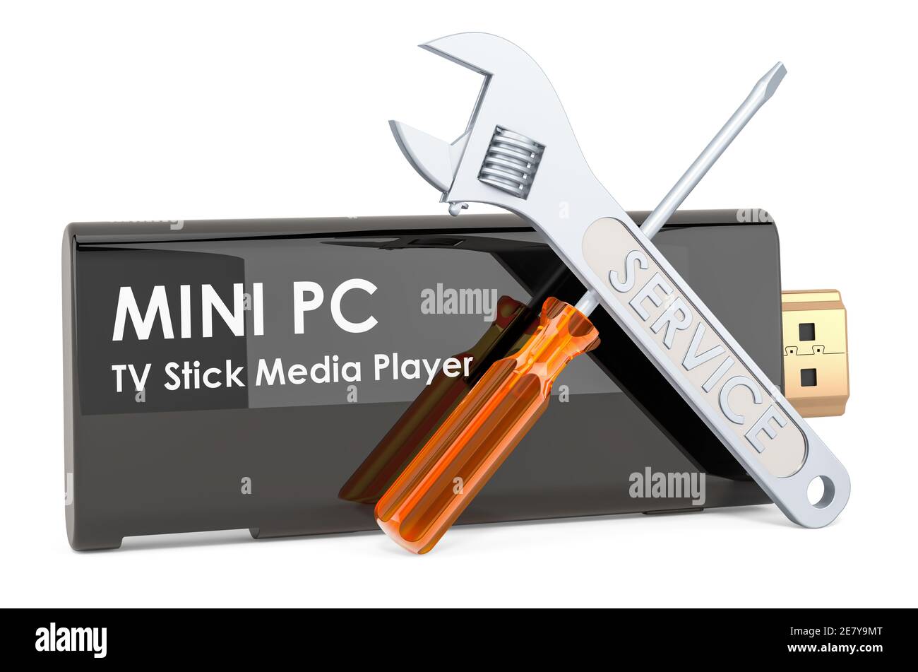 Entretien et réparation de la clé électronique du mini PC TV. Rendu 3D isolé sur fond blanc Banque D'Images