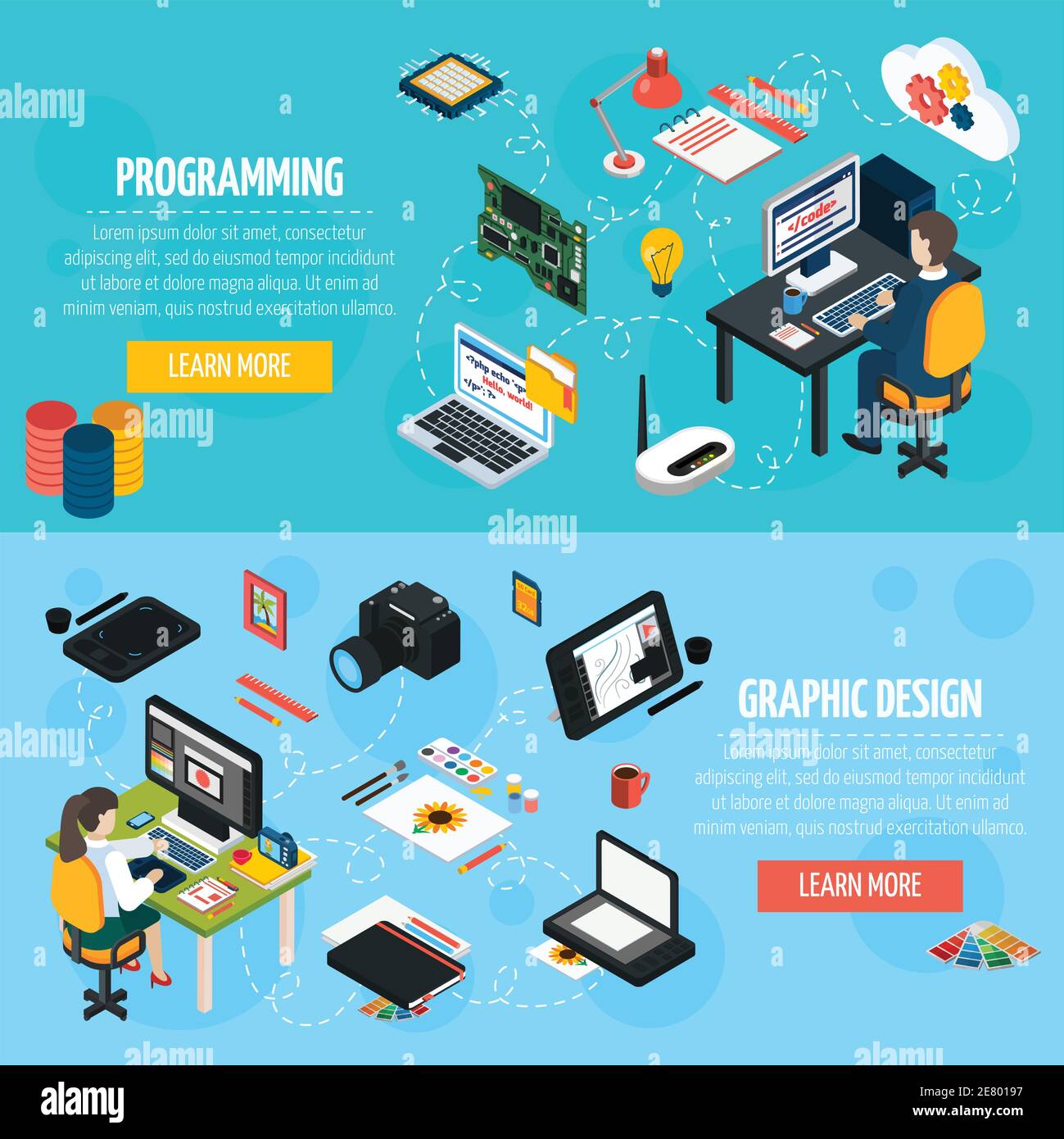 Bannières de programmation et de conception graphique avec programmateur et concepteur sur le lieu de travail, compositions isométriques et collection d'outils et d'équipements pour Illustration de Vecteur