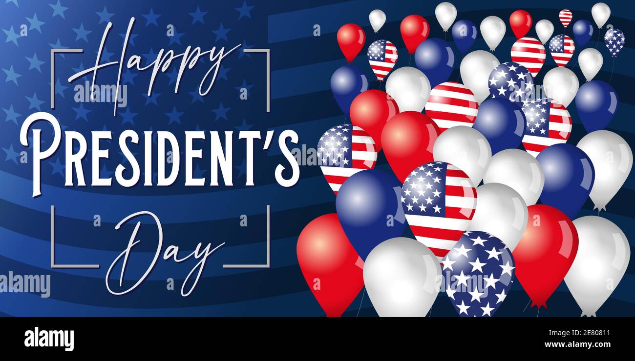 Affiche Happy Presidents Day avec ballons dans le ciel sur fond de drapeau. Illustration vectorielle avec texte dessiné à la main pour la journée des présidents Illustration de Vecteur
