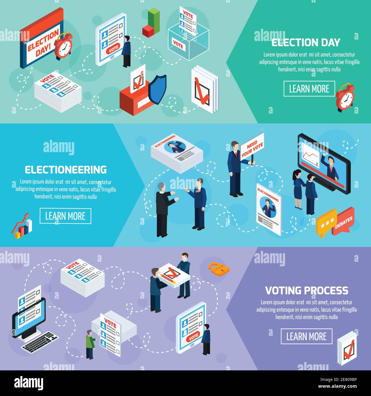 Élections et votes isométriques bannières horizontales avec élections le jour de l'élection et les icônes de processus de vote définissent l'illustration vectorielle plate Illustration de Vecteur