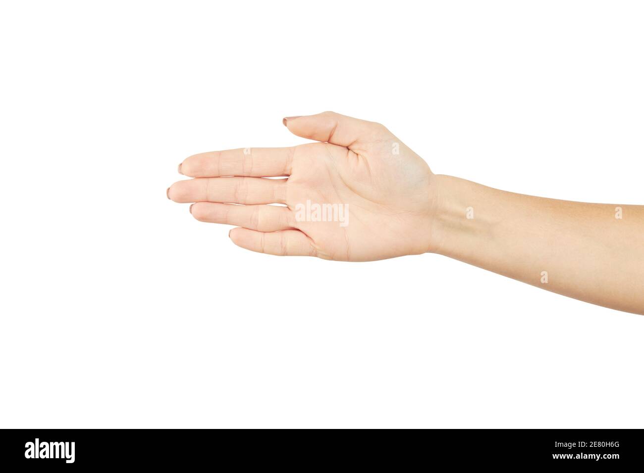 une femme montrant la paume ouverte isolée sur un fond blanc. stop ou direction gestuelle concept. maquette Banque D'Images