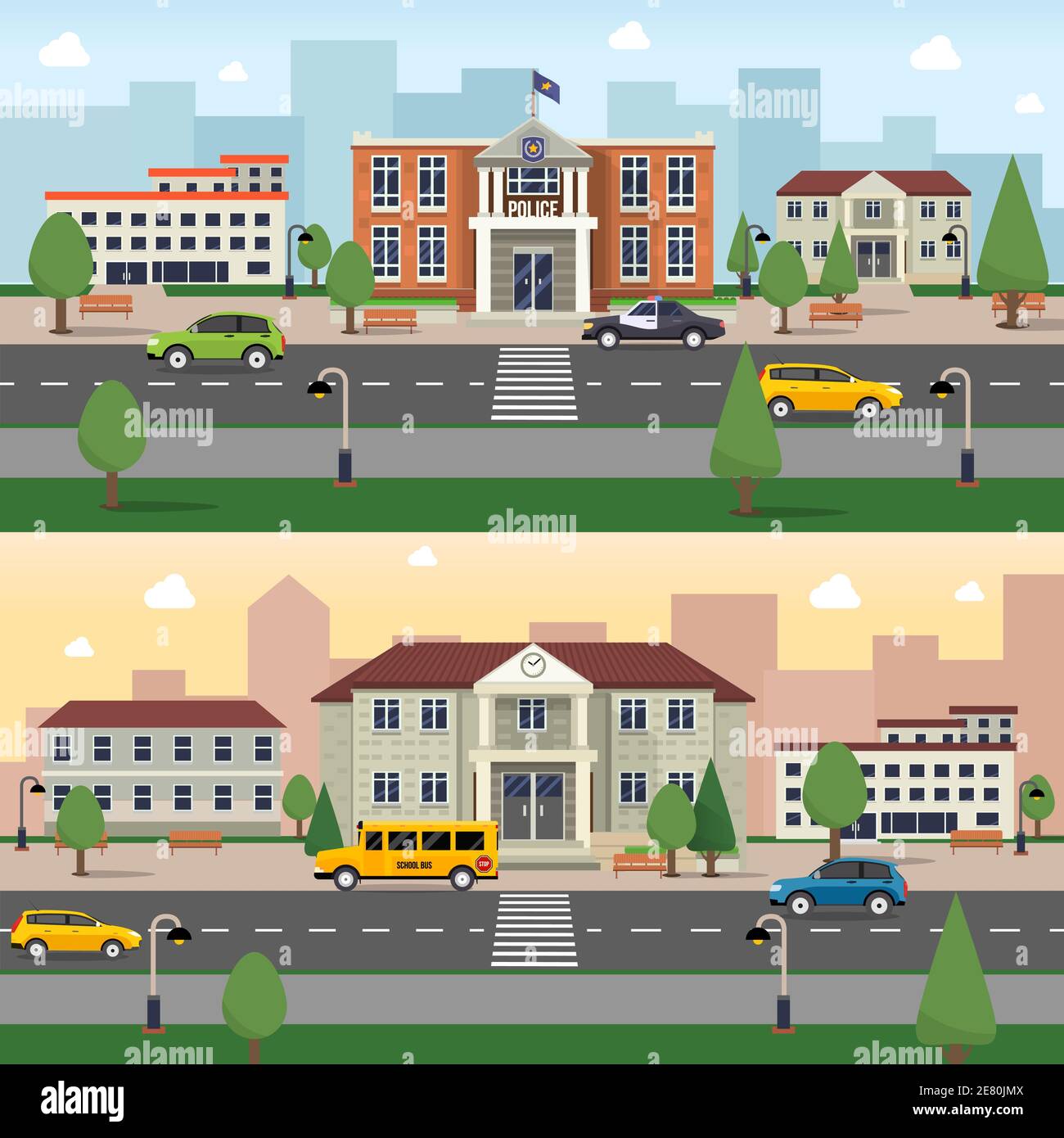 Banderole horizontale pour bâtiments municipaux avec bureau de police et école illustration vectorielle à l'extérieur Illustration de Vecteur