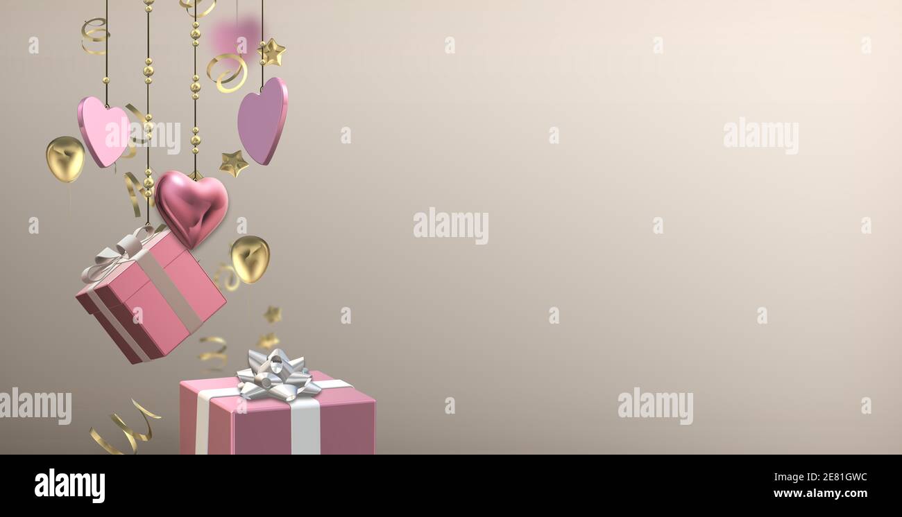 Love Hearts, boîtes-cadeaux 3D sur fond pastel. Saint-Valentin, amour, invitation à la fête, fête des mères, 8 mars, mariage, carte de vœux. Place pour le texte, c Banque D'Images