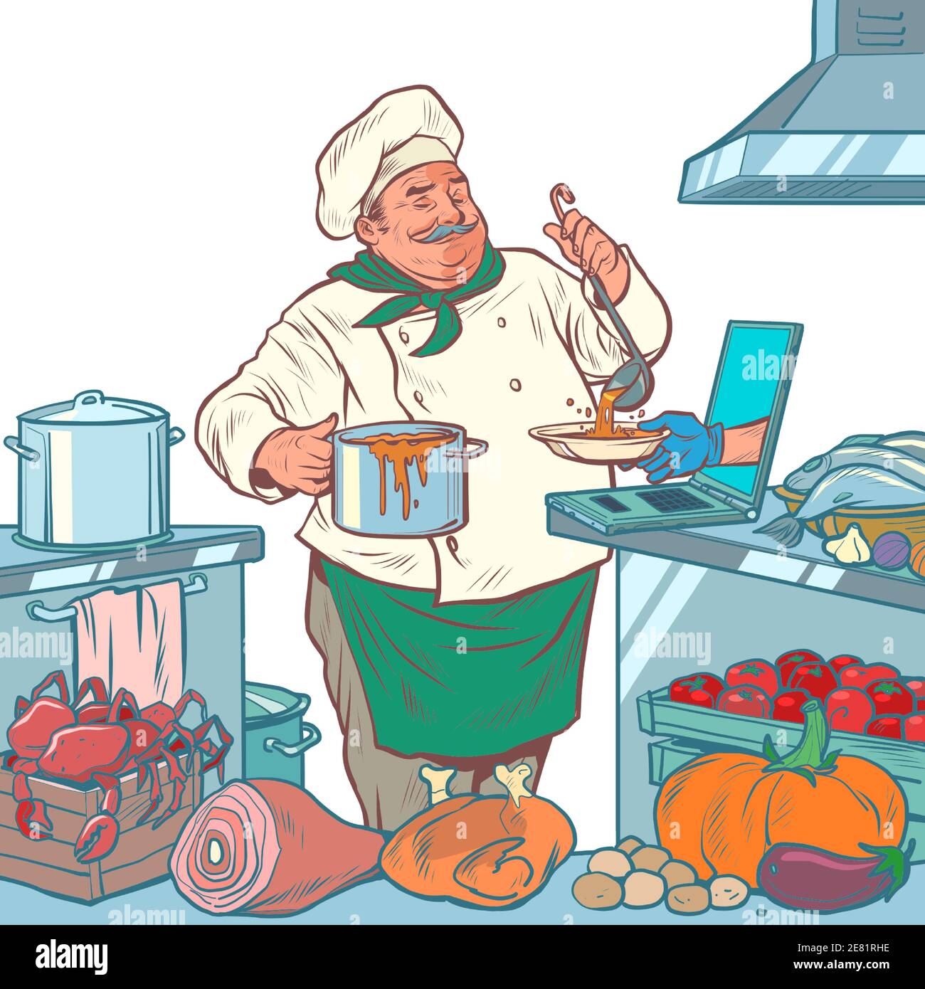 le chef cuisinier prépare la nourriture, livraison en ligne Illustration de Vecteur