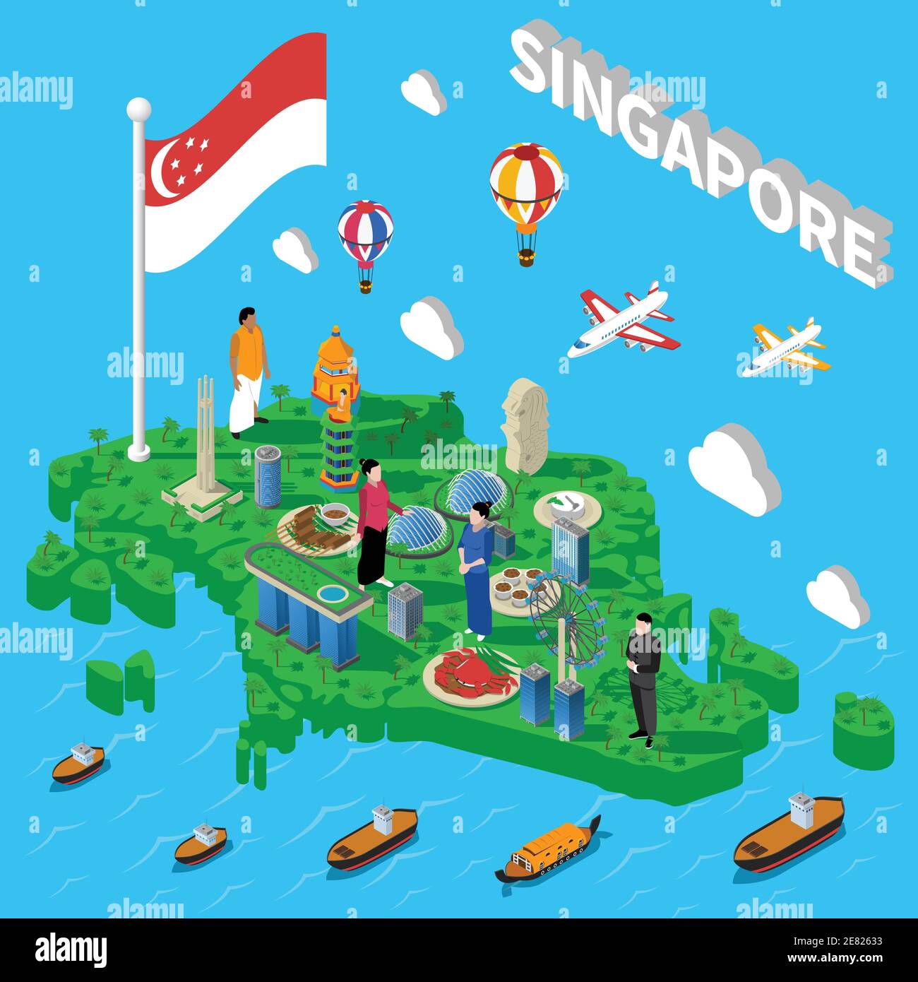 Carte des symboles culturels de Singapour pour les touristes avec les points de repère de transport et illustration vectorielle isométrique représentant les plats de fruits de mer nationaux Illustration de Vecteur
