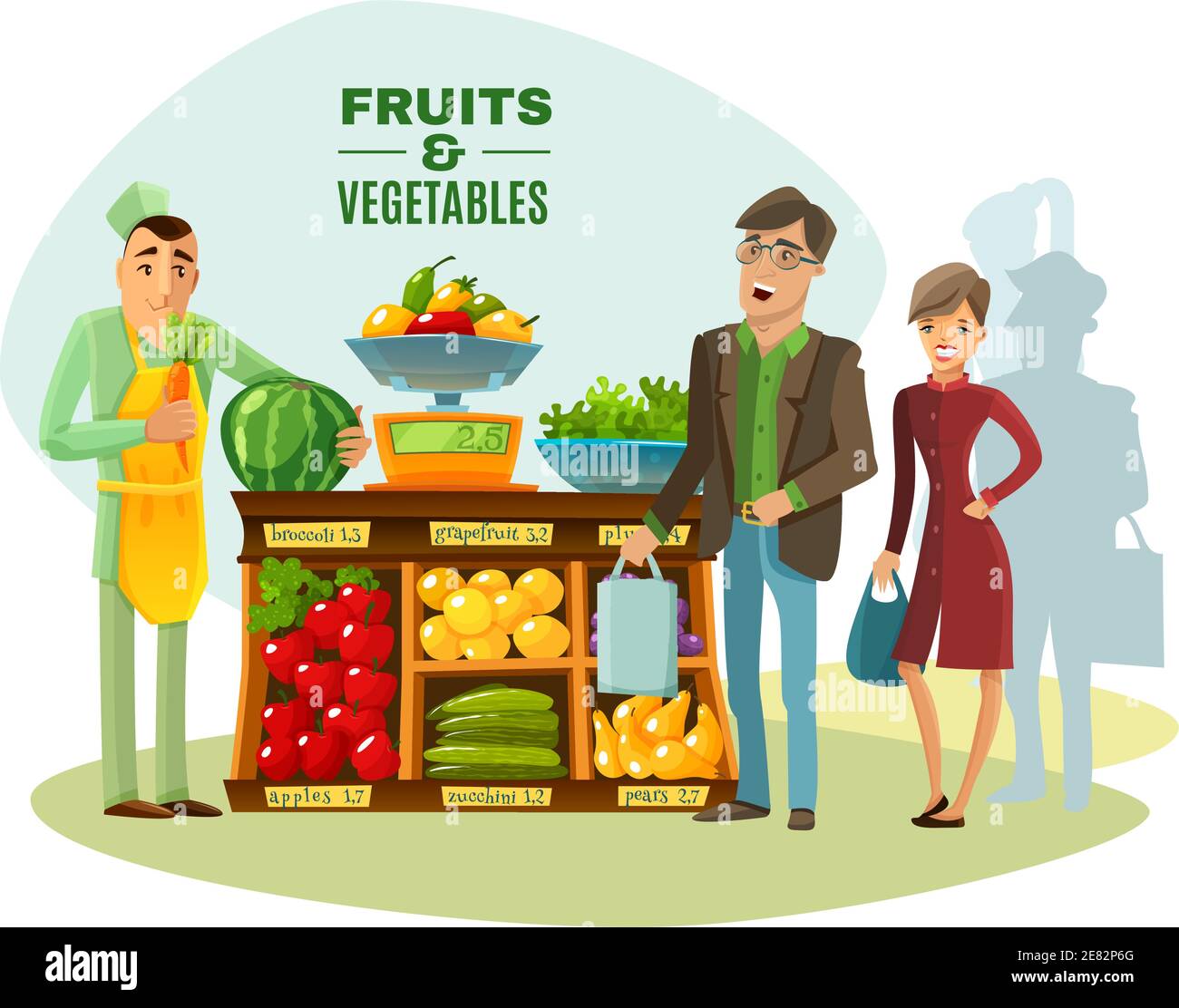Vendeur de fruits et légumes avec un vendeur de comptoir et une caricature de clients illustration vectorielle Illustration de Vecteur