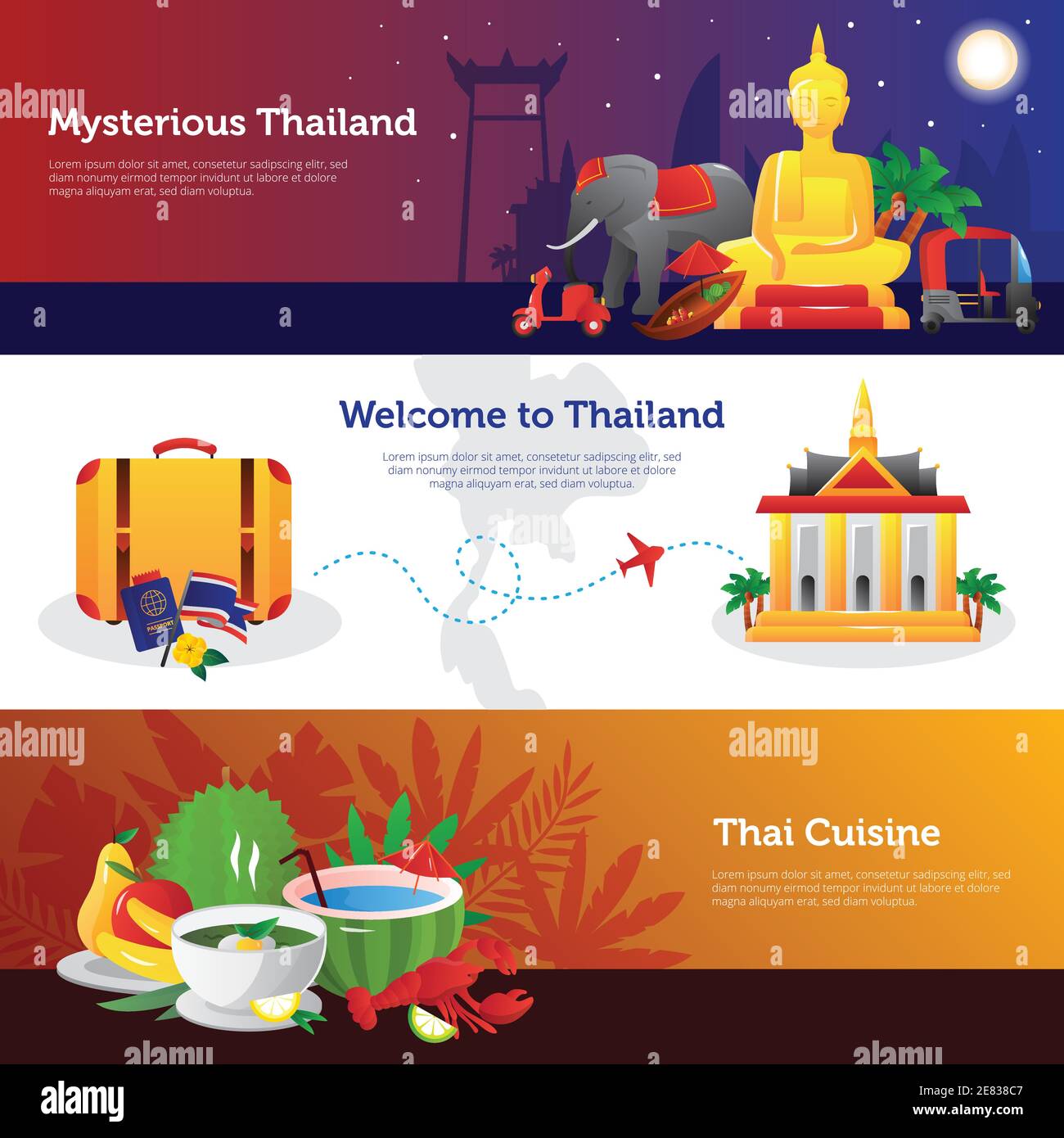 Thaïlande pour les voyageurs conception de page Web avec des informations sur le transport thai cuisine et visite abstraite illustration vectorielle isolée Illustration de Vecteur