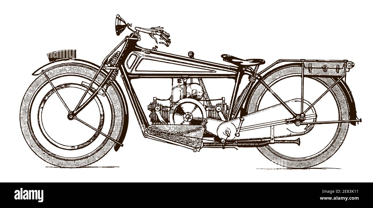 Moto classique à moteur double cylindre plat avec vue latérale, après une illustration du début du XXe siècle Illustration de Vecteur